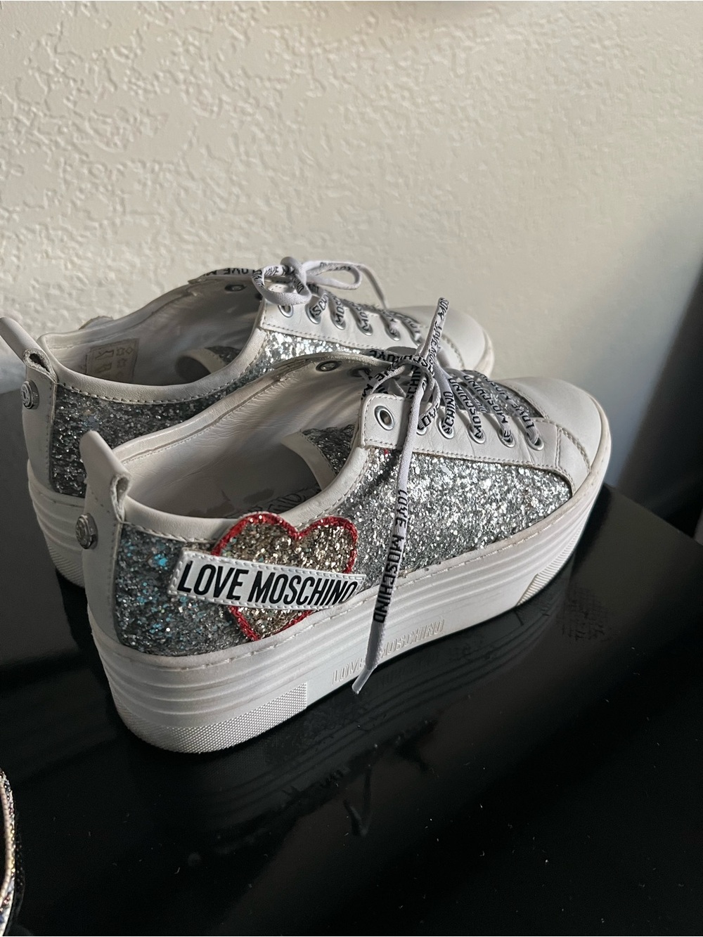 Moschino Silver Glitter Platform Sneakers with Red Heart Patch